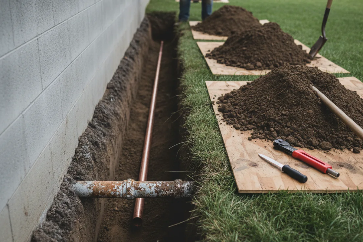 Excavated water line trench during Water Softener Installation in Murdock